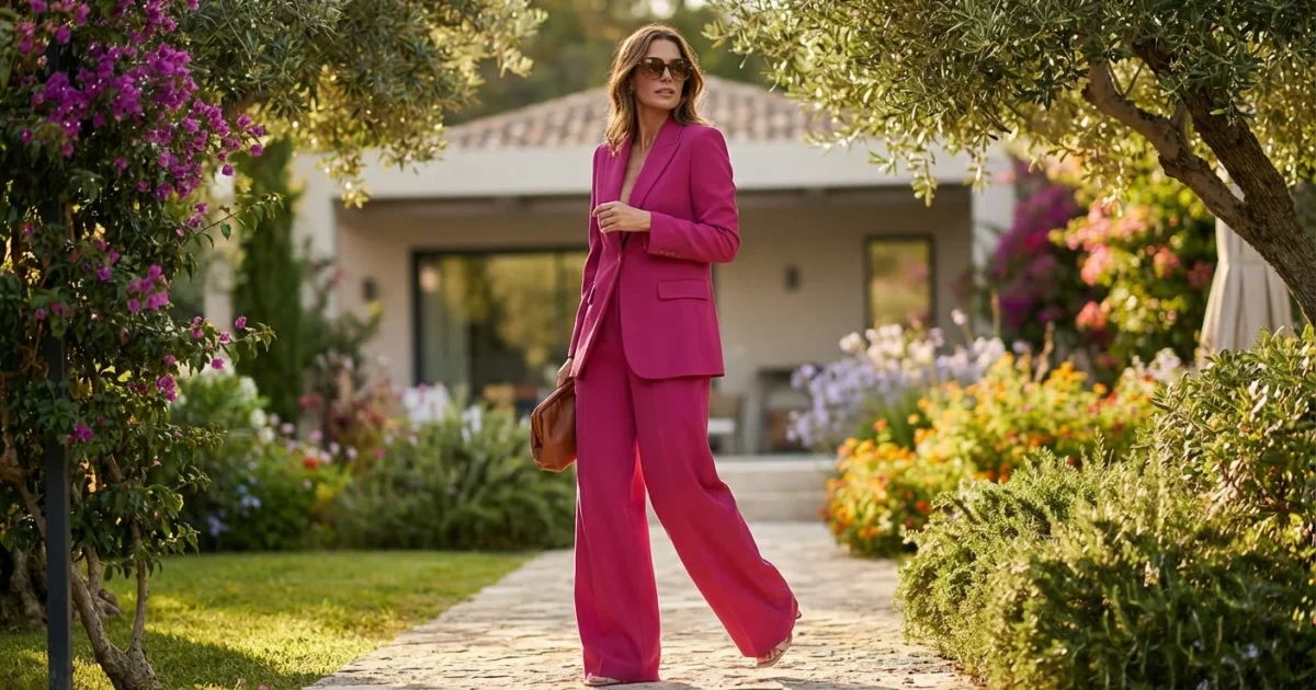 Femeie elegantă purtând un costum fucsia Nissa într-o grădină însorită, stil editorial 2026.