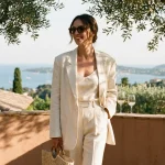 Femeie elegantă purtând un sacou de in crem pe o terasă însorită, stil editorial.