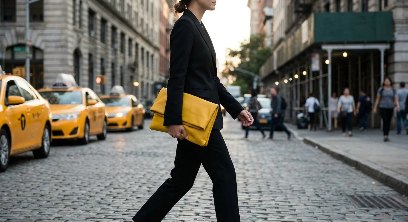 Femeie în costum negru minimalist cu o geantă galbenă vibrantă, mix de stiluri.