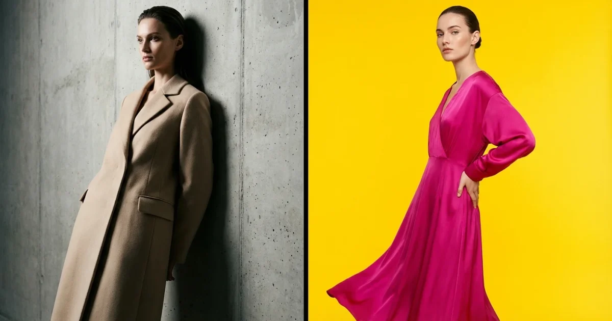 Femeie în stil minimalist lângă o femeie în stil dopamine dressing, contrast între culori neutre și vibrante.