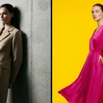 Femeie în stil minimalist lângă o femeie în stil dopamine dressing, contrast între culori neutre și vibrante.