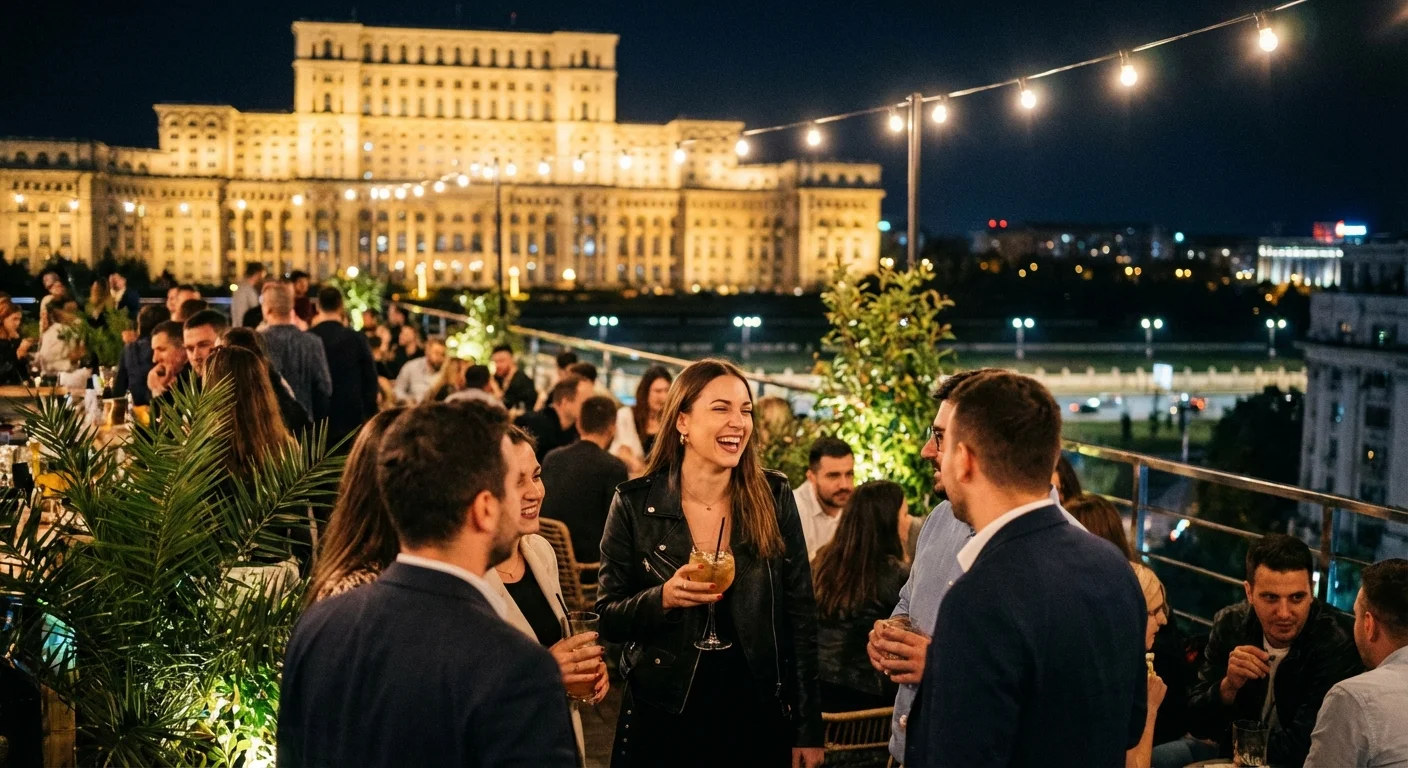 Femeie într-o jachetă de piele la un rooftop bar din București, noaptea.