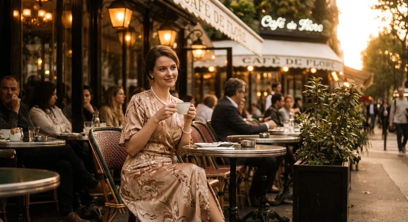 Femeie într-o rochie de mătase cu perle, stând la o terasă elegantă.