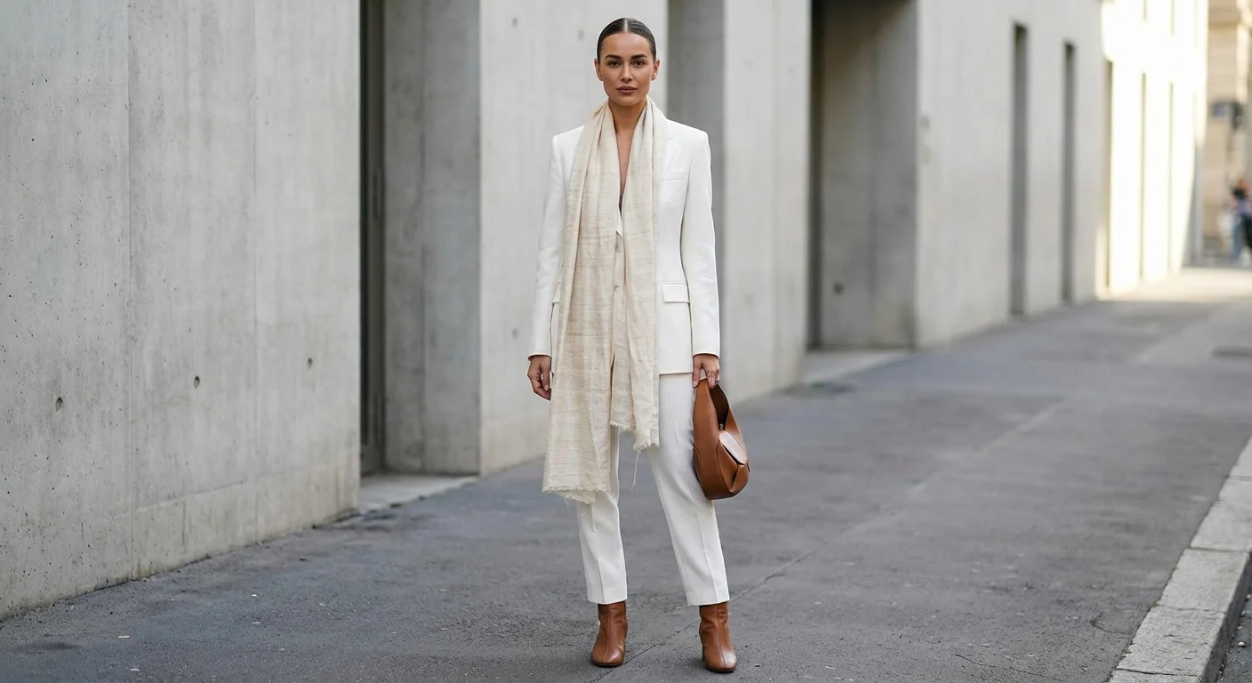 Femeie într-un sacou alb modern, accesorizat cu o eșarfă lungă din borangic, stil street-style de lux.