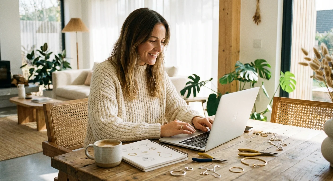 Femeie navigând pe laptop într-un decor luminos și cald, simbolizând cercetarea online.