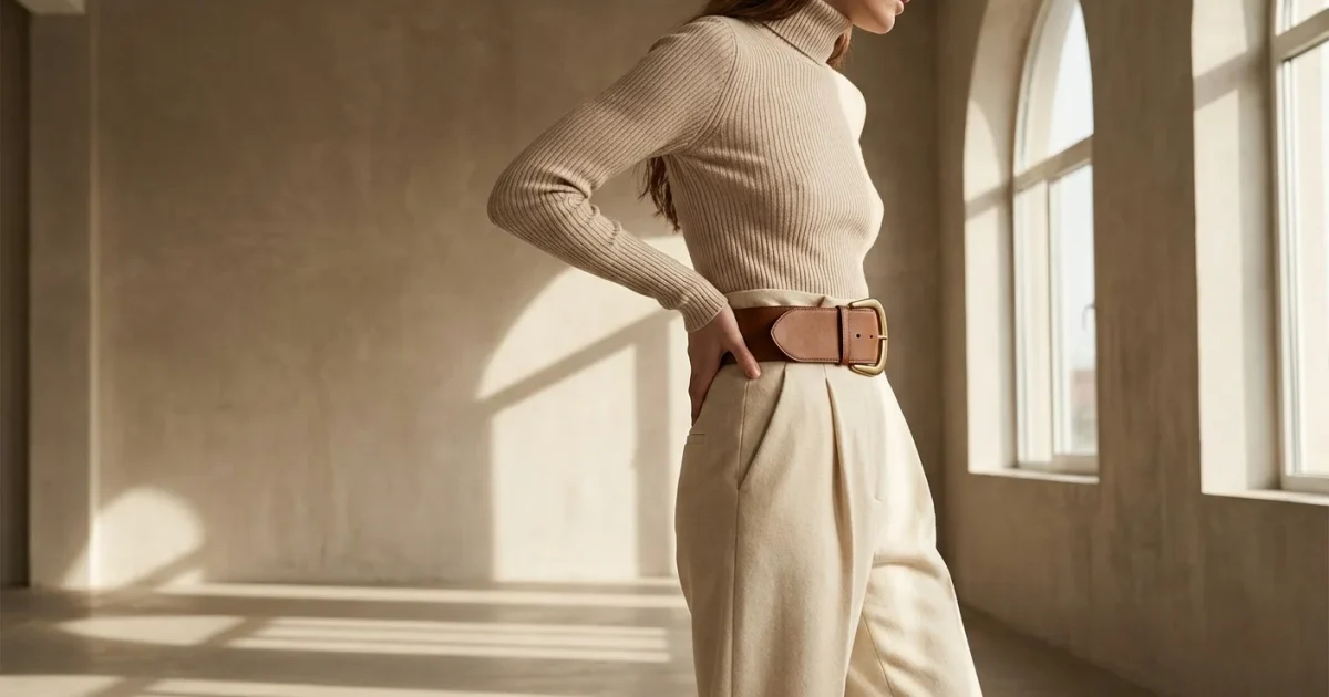Femeie purtând pantaloni cu talie înaltă și o curea elegantă într-un studio minimalist.