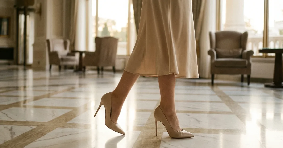 Femeie purtând pantofi eleganți cu toc de 12 cm pe o pardoseală de marmură, stil editorial.