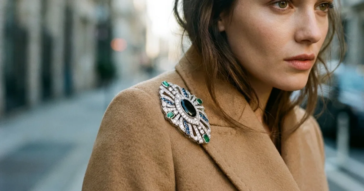 Femeie purtând un palton de lână camel cu o broșă vintage Art Deco pe umăr, stil editorial.