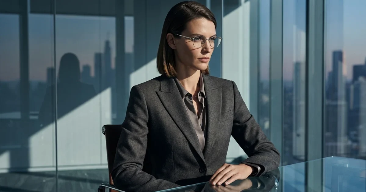 Femeie purtând un sacou gri cambrat și ochelari cu rame subțiri, reprezentând stilul Office Siren 2026.