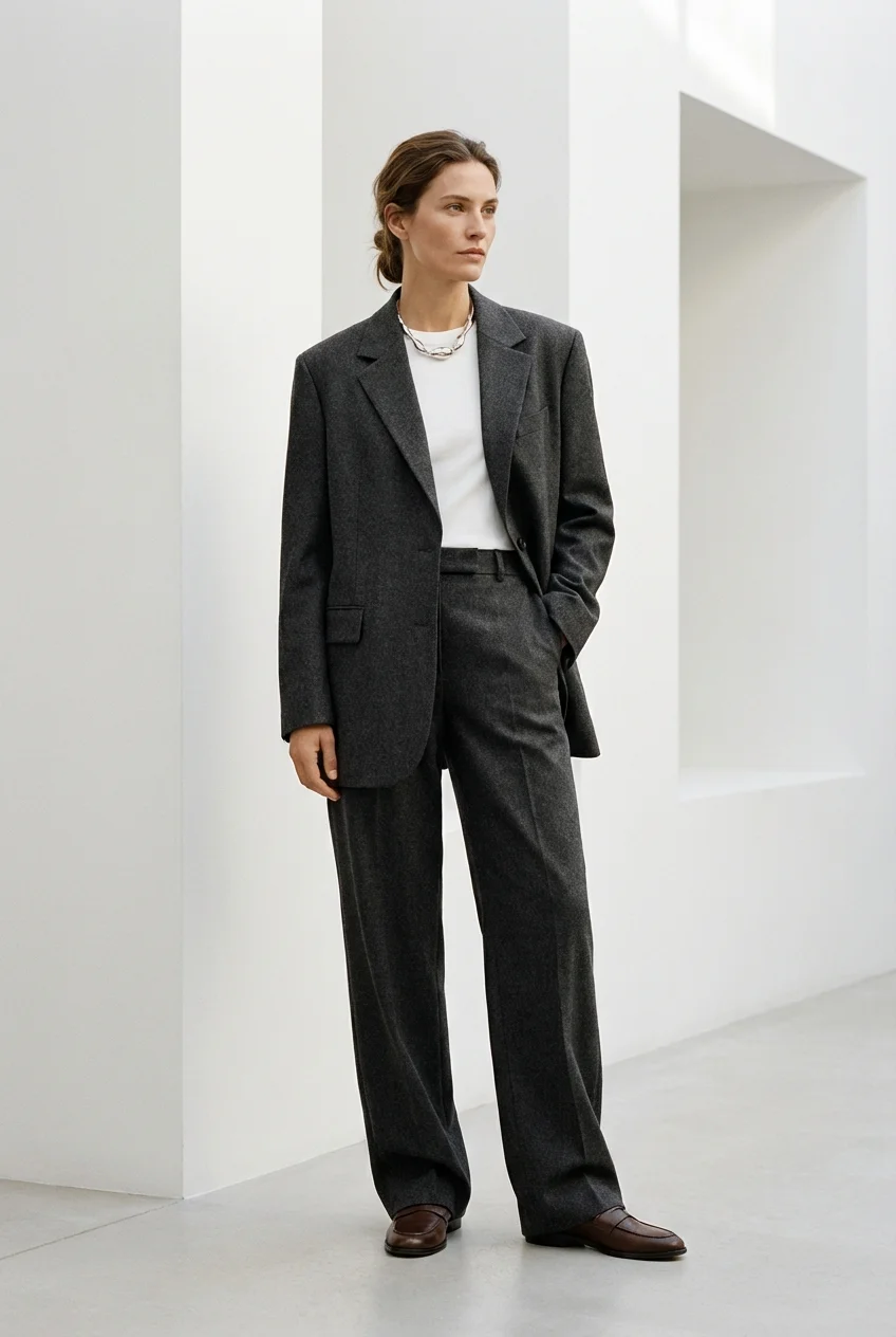 Femeie purtând un sacou gri supradimensionat, reprezentând eleganța stilului minimalist.