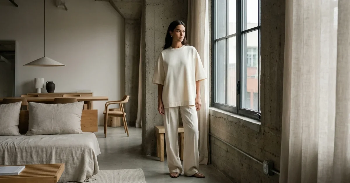 Femeie purtând un tricou oversized crem într-un cadru minimalist modern.