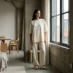 Femeie purtând un tricou oversized crem într-un cadru minimalist modern.