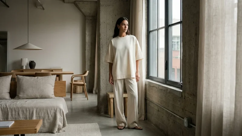 Femeie purtând un tricou oversized crem într-un cadru minimalist modern.