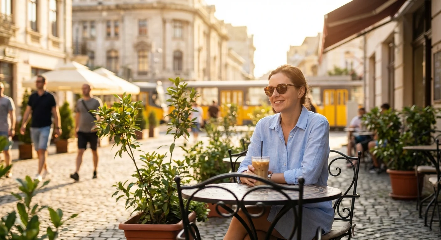 Femeie relaxată la o terasă în București, purtând o cămașă de in bleu pe timp de caniculă.