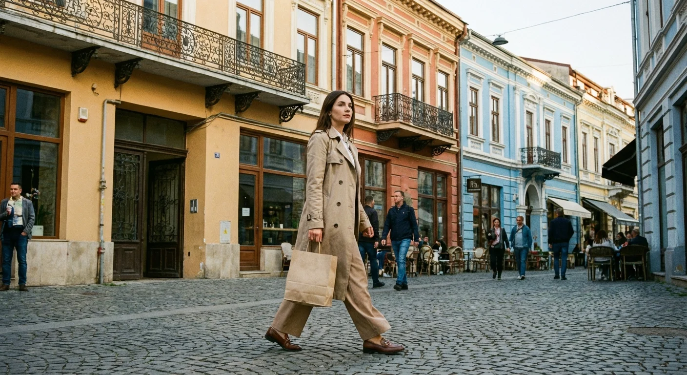 Femeie stilată mergând pe o stradă istorică din București după o sesiune de cumpărături vintage.