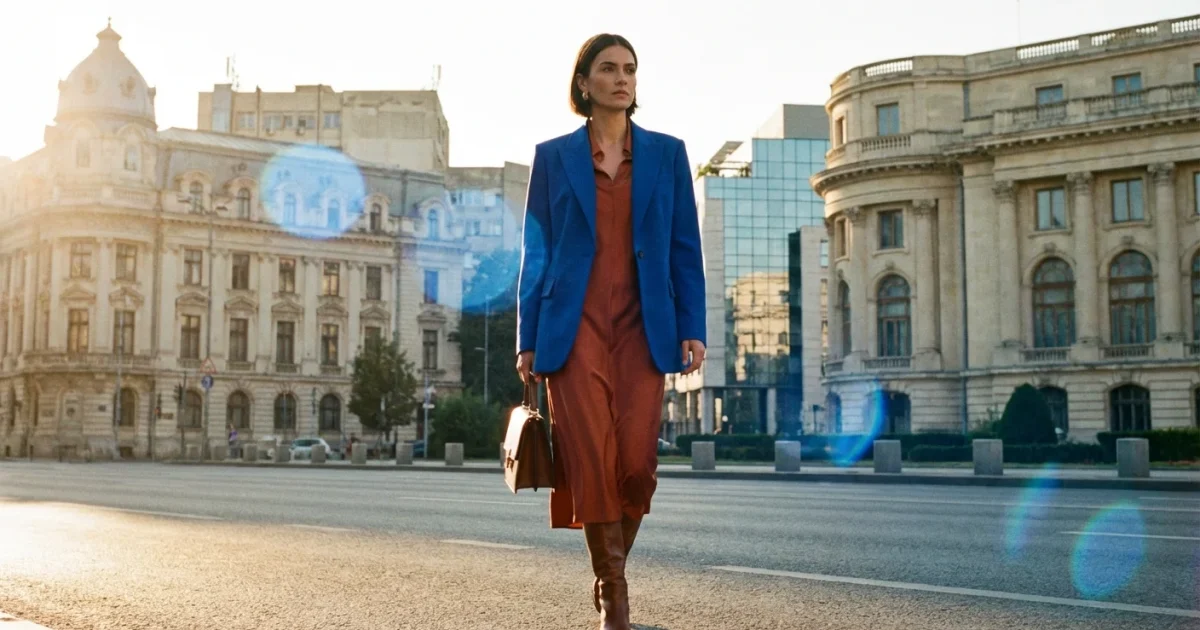 Femeie stilată pe Calea Victoriei purtând culorile anului 2026, albastru cobalt și teracotă, lumină de apus.