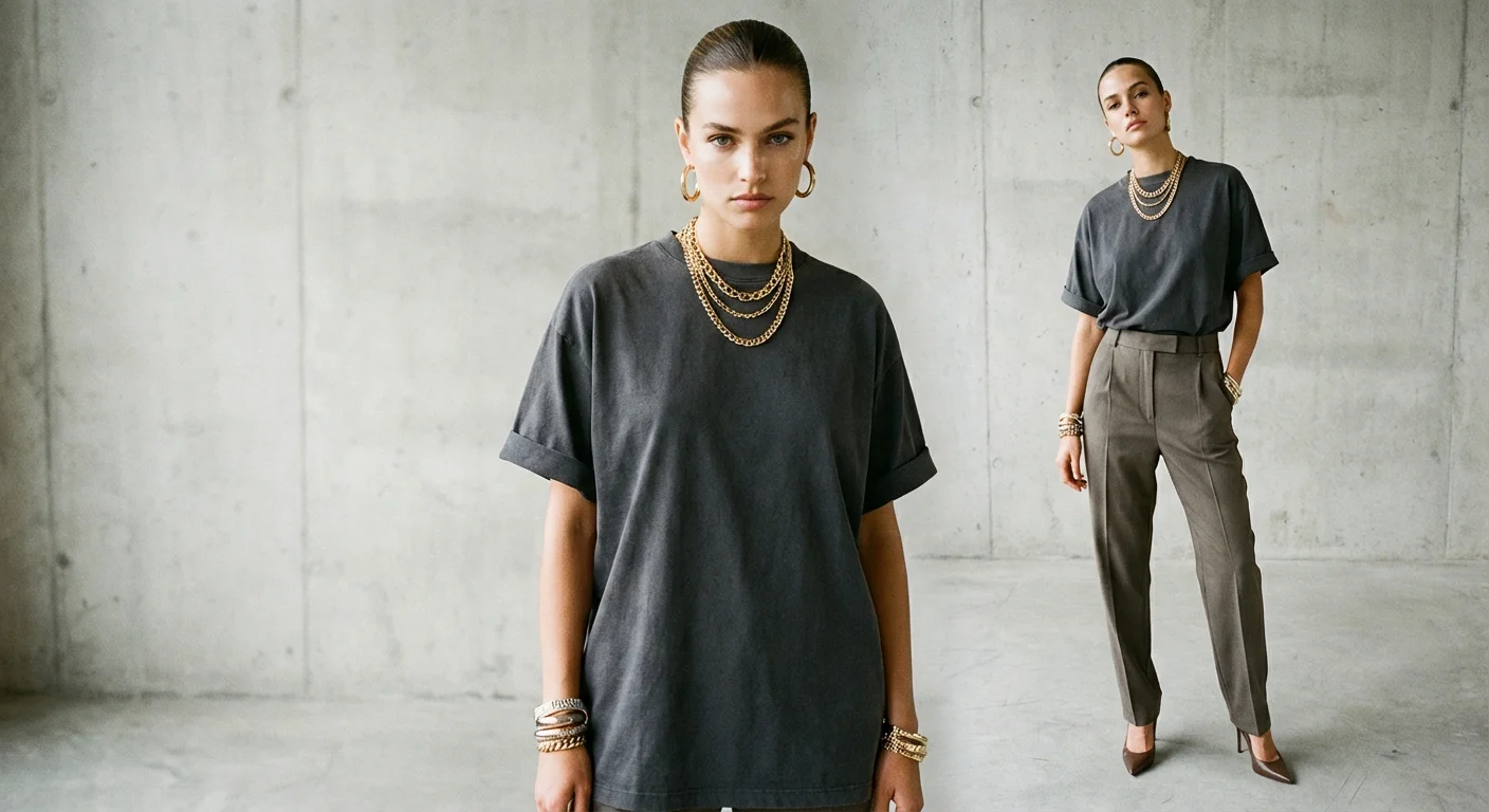 Femeie stilizând un tricou bărbătesc cu accesorii elegante.