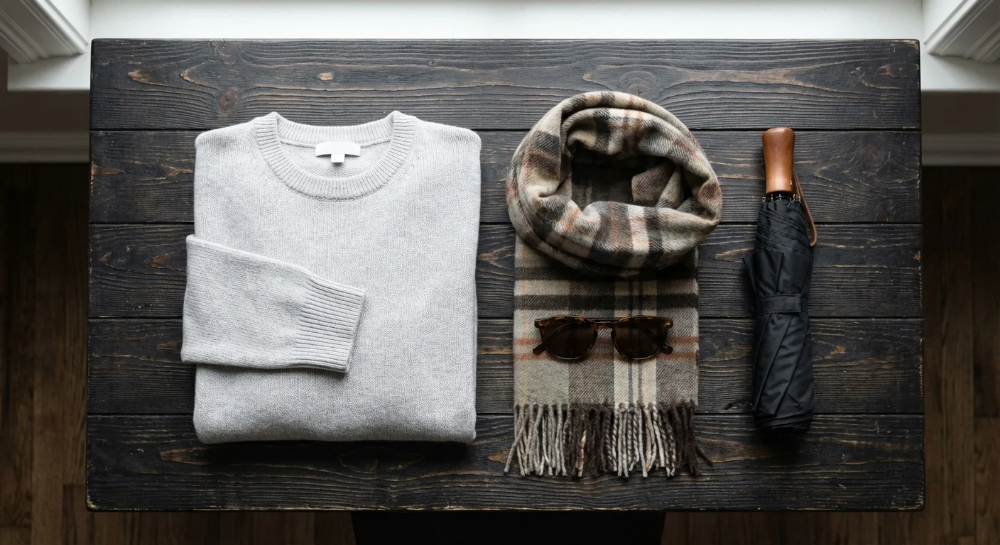 Flat lay cu accesorii de călătorie: eșarfă, ochelari de soare și umbrelă pe lemn rustic.
