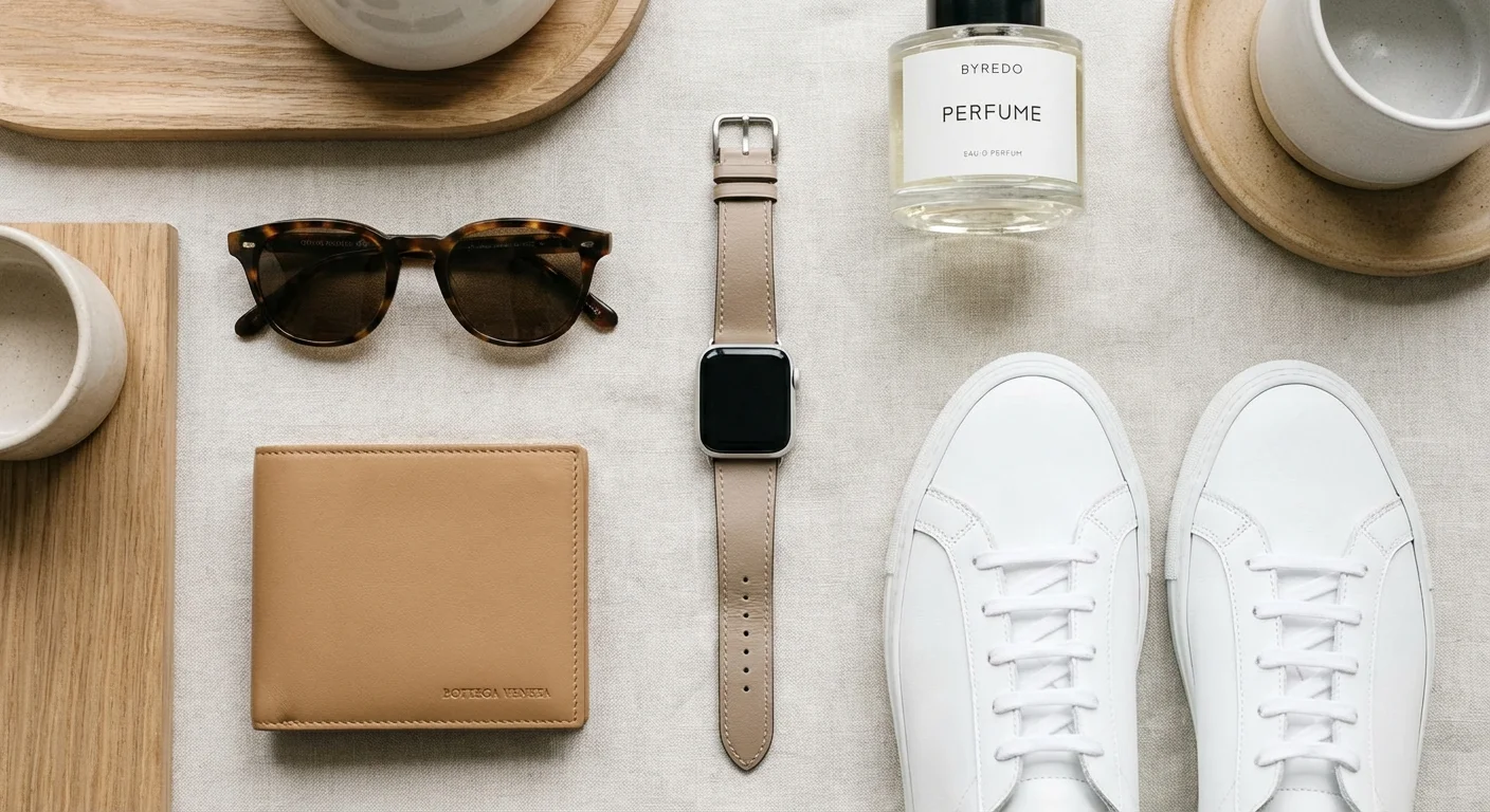 Flat lay cu accesorii de lux, parfum și un smartwatch elegant.