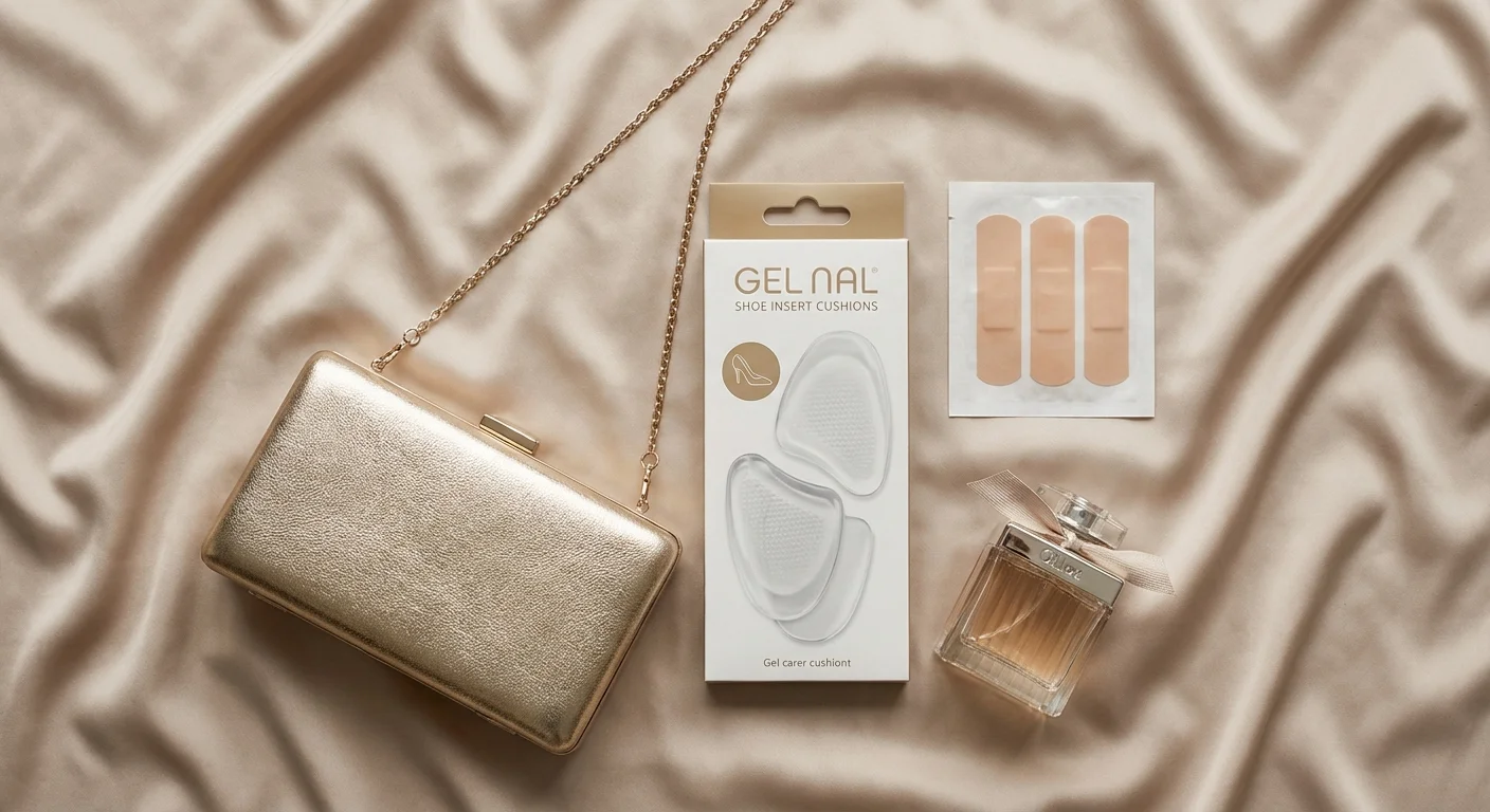 Flat lay cu accesorii esențiale pentru confortul picioarelor: pernuțe cu gel și plasturi.