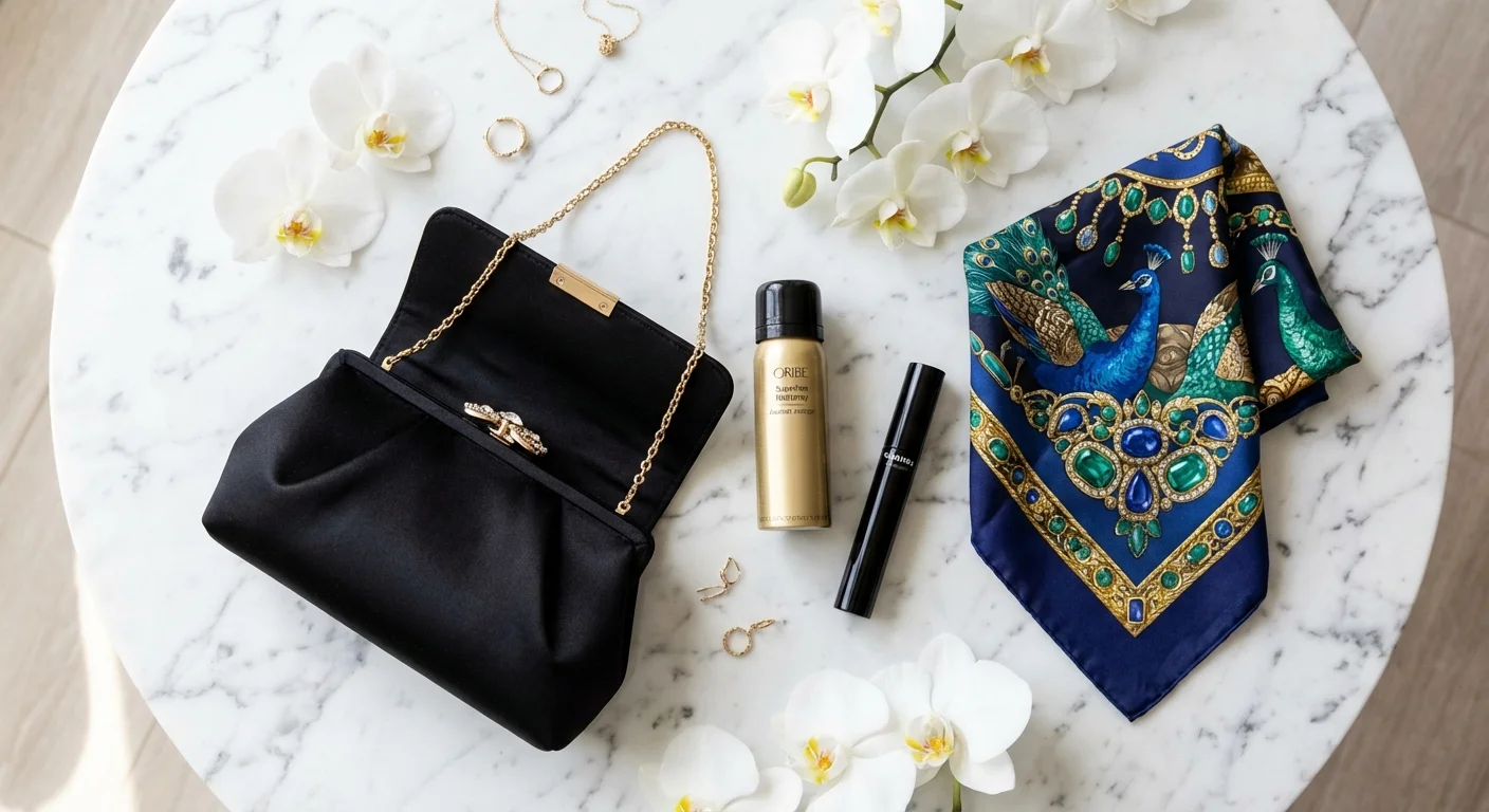 Flat lay cu accesorii esențiale: poșetă plic, fixativ mic și mascara rezistentă la apă.