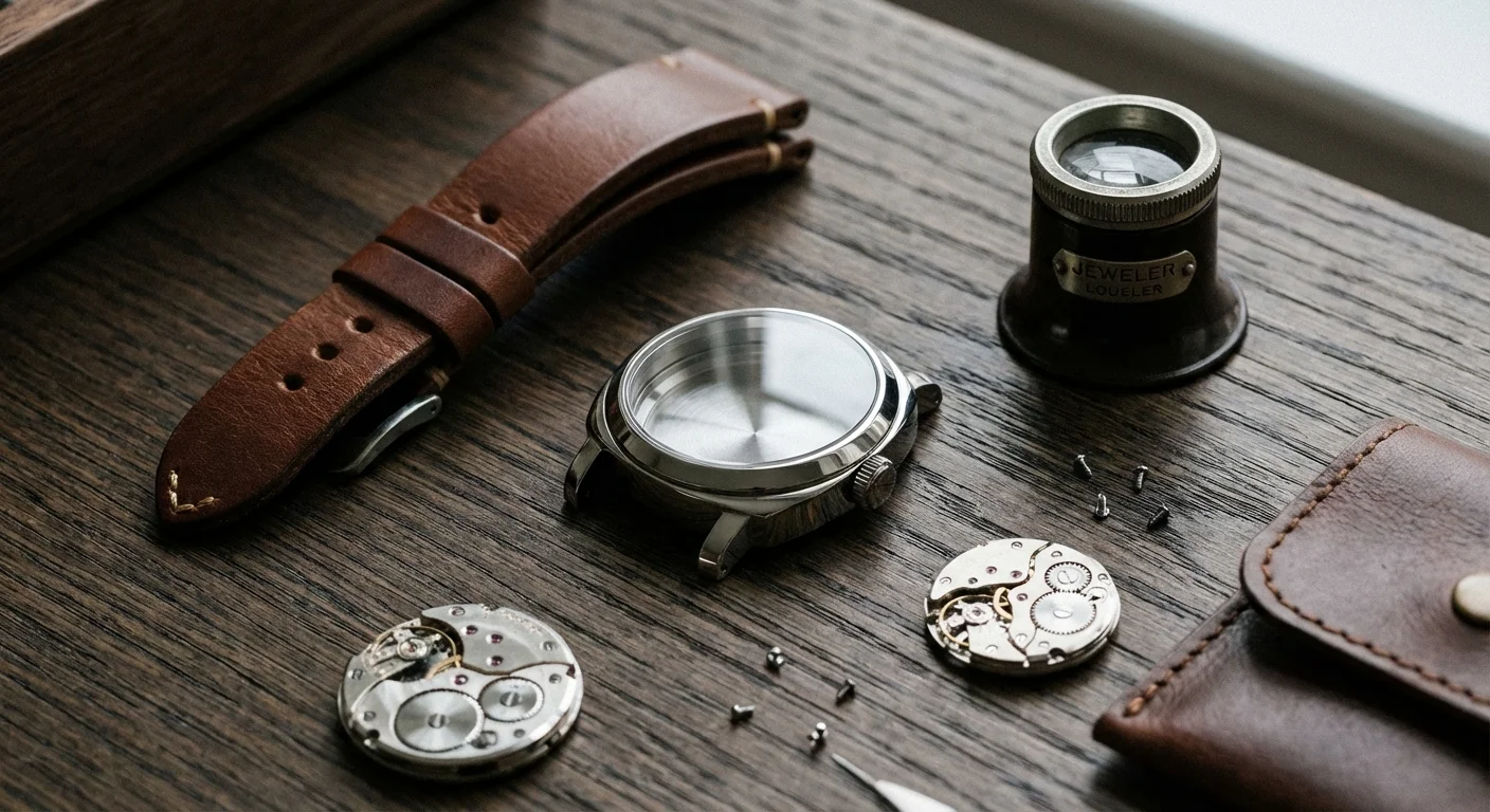 Flat lay cu elemente de orologerie: curea de piele, carcasă de oțel și lupă pe un birou de lemn.