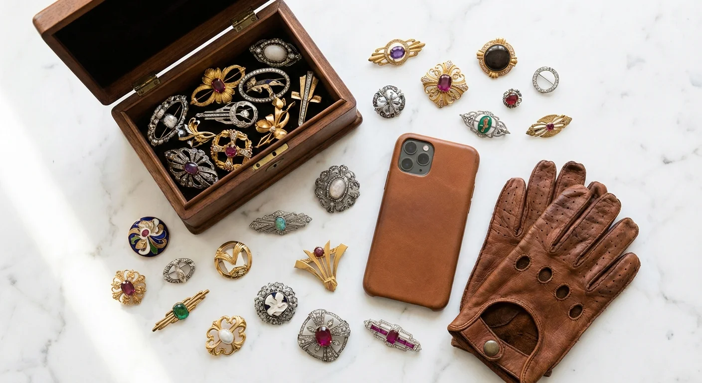 Flat lay cu o cutie de bijuterii vintage, un smartphone și mănuși pe marmură.