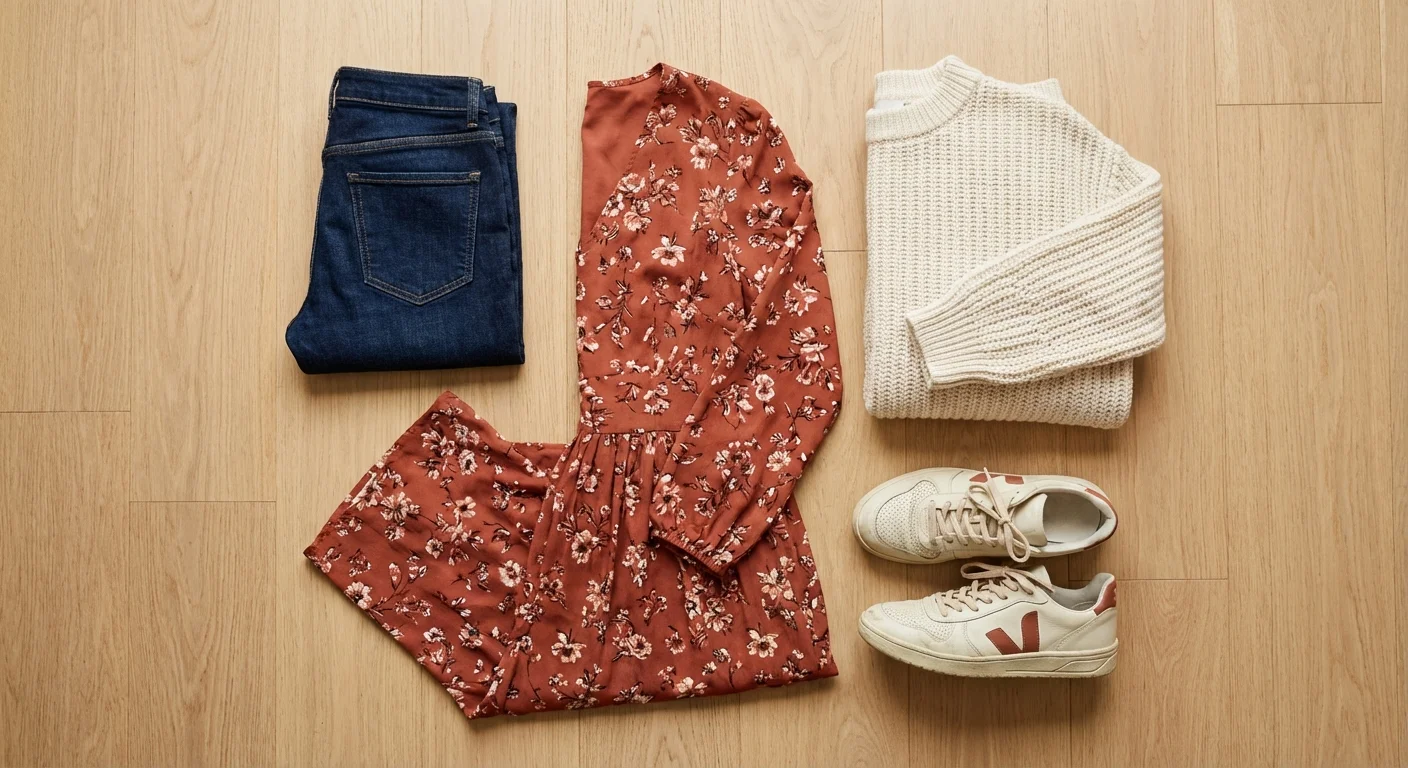 Flat lay cu piese vestimentare esențiale: blugi, rochie midi și pulover în culori calde.
