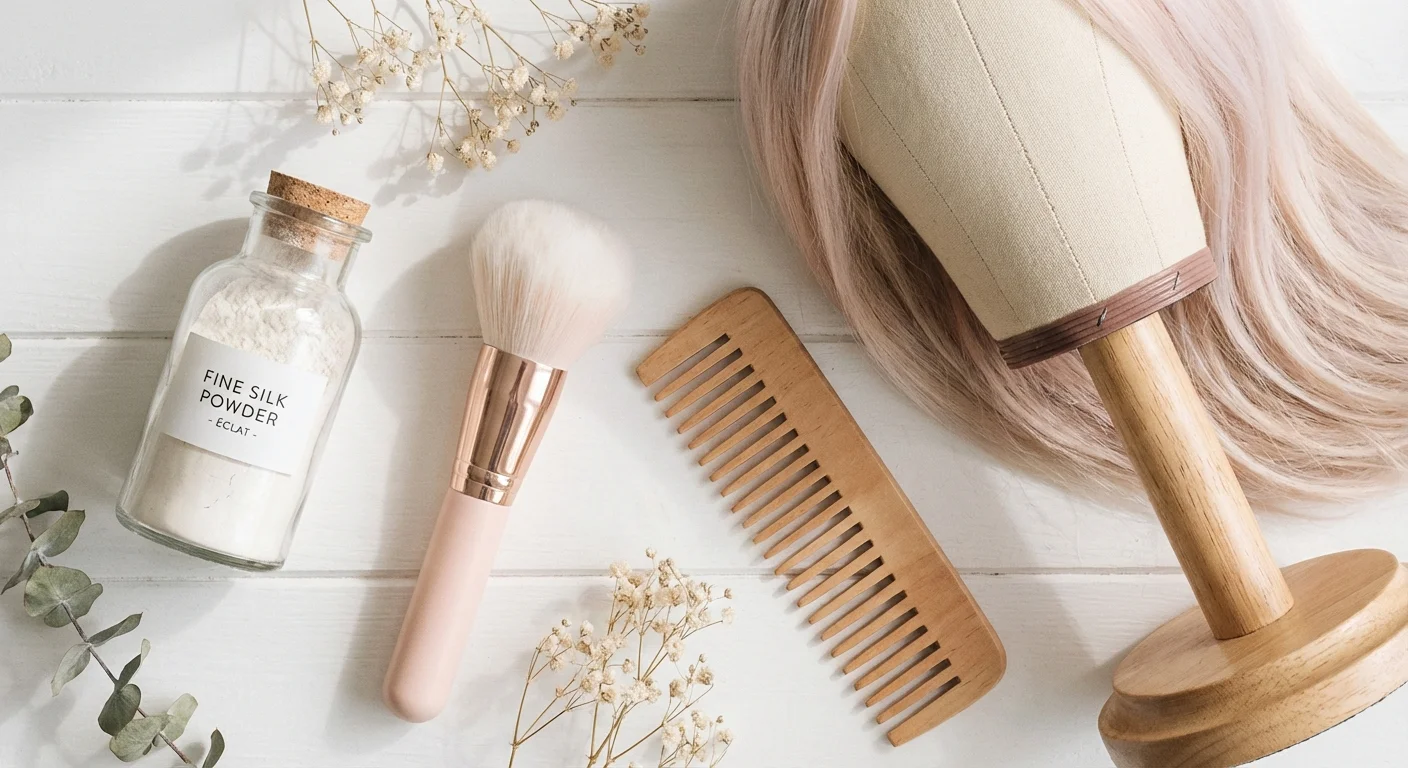 Flat lay cu pudră de talc, pensulă kabuki și pieptene pe o masă albă.