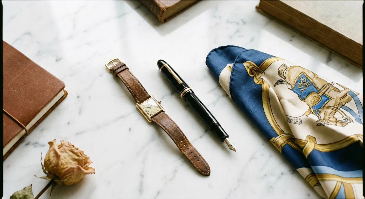 Flat lay cu un ceas rectangular, un stilou vintage și o eșarfă de mătase pe marmură.