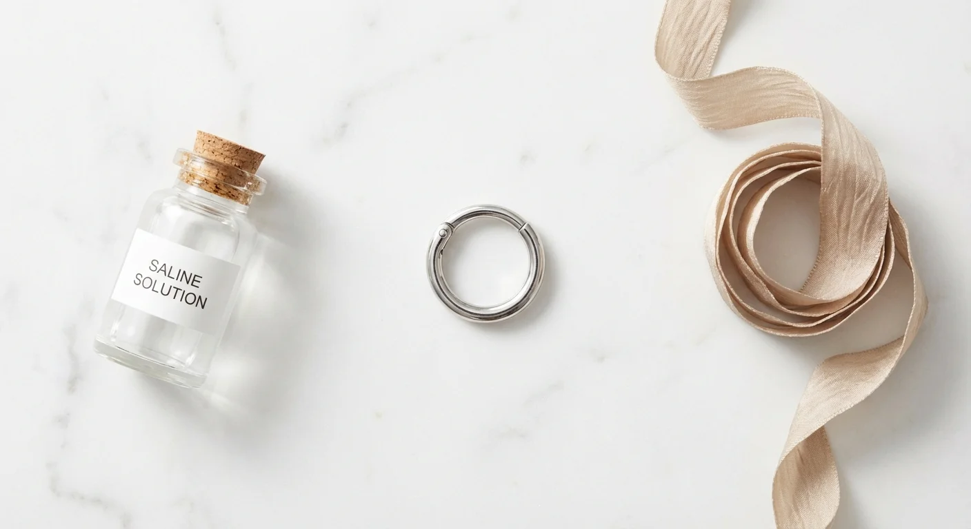 Flat lay minimalist cu o bijuterie de sept și produse de îngrijire pe marmură albă.