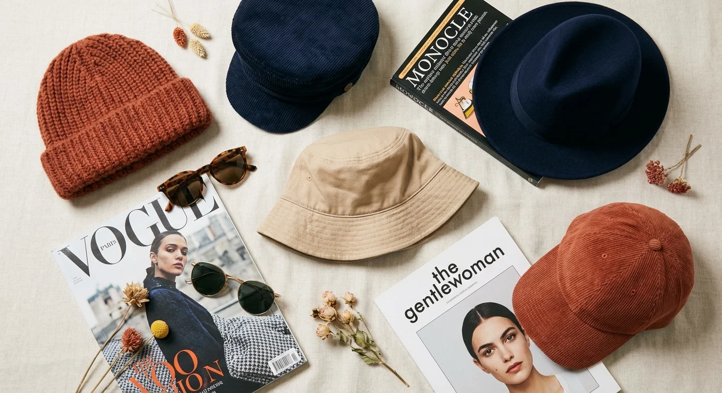 Flat lay of multiple hats in various colors and high-quality materials.