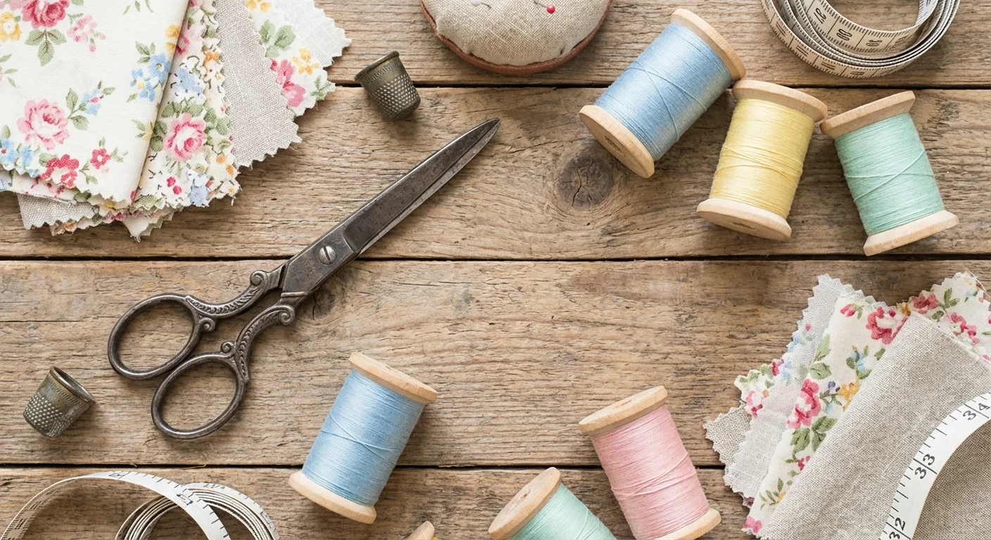 Flat lay of quilting tools including scissors, thread, and fabric swatches.