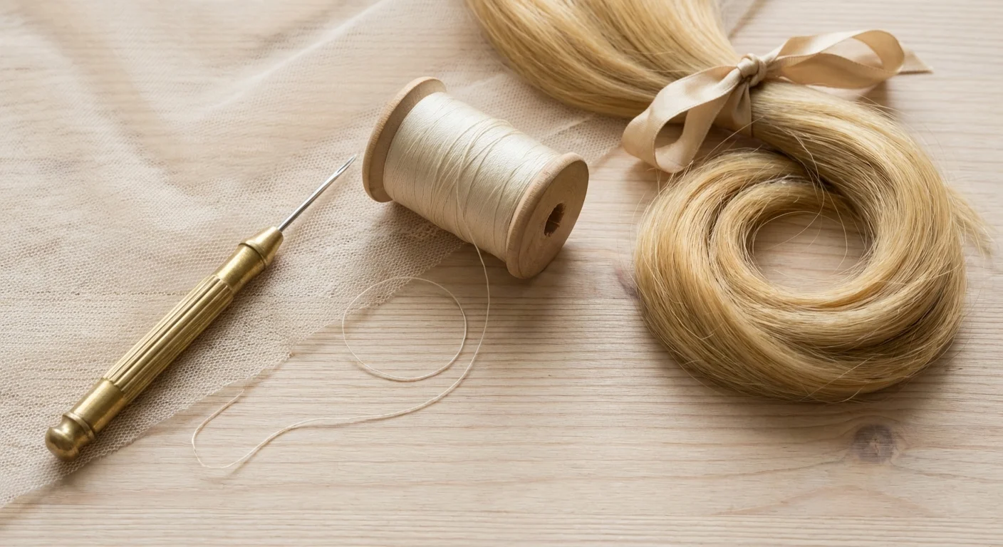 Flat lay of wig-making tools including a needle, lace, and hair strands.