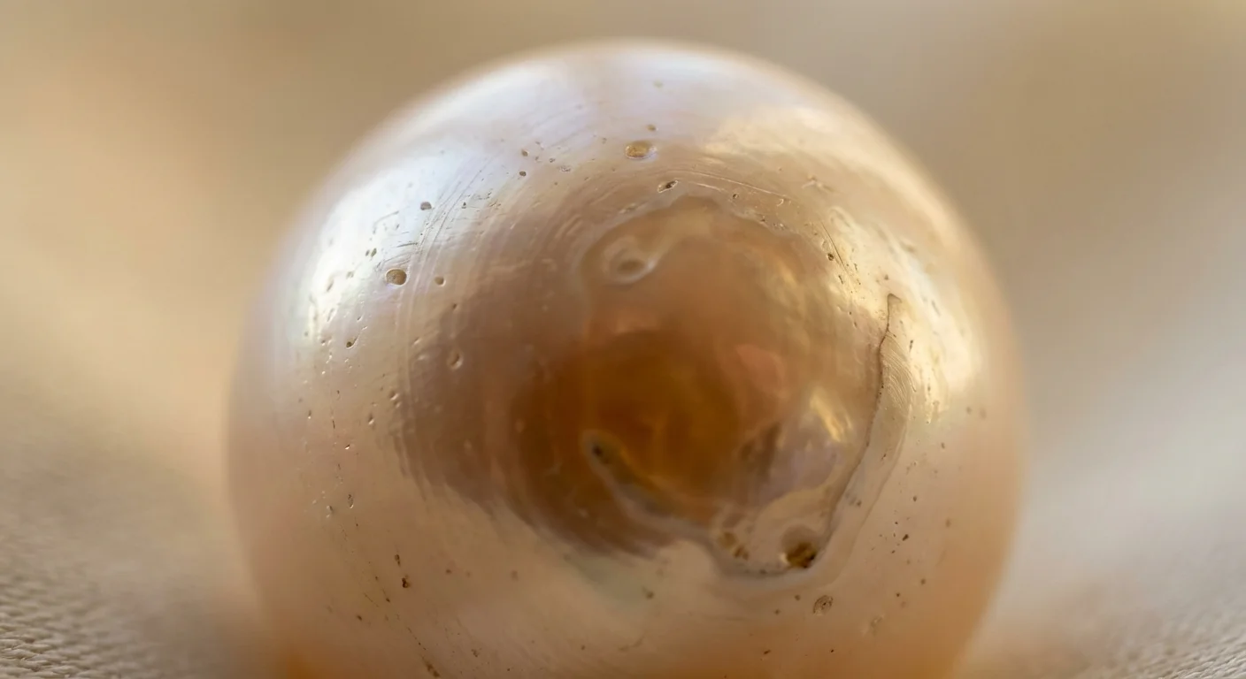 Fotografie macro a suprafeței unei perle reale, evidențiind imperfecțiunile naturale.