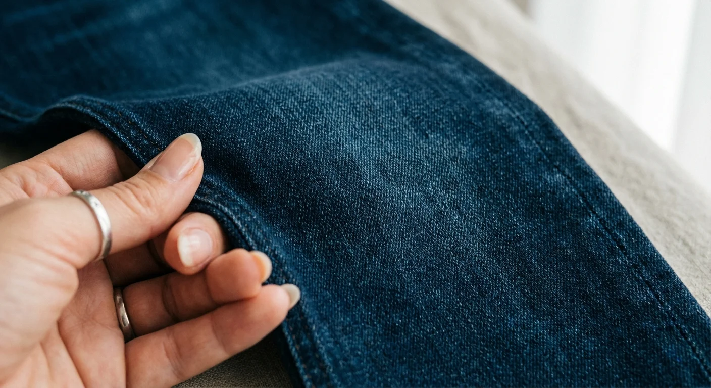 Fotografie macro cu textura unui denim de calitate, evidențiind țesătura rezistentă.