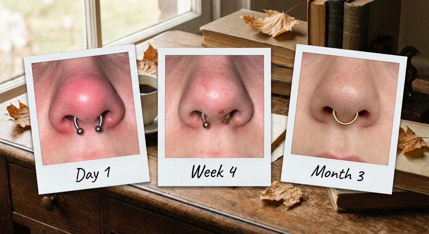 Fotografii tip polaroid care ilustrează diferite etape ale vindecării unui piercing în sept.