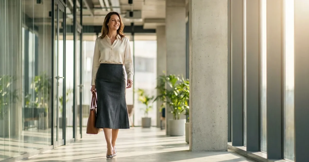 Professional woman wearing a charcoal midi skirt and cream blouse in a bright, modern office.