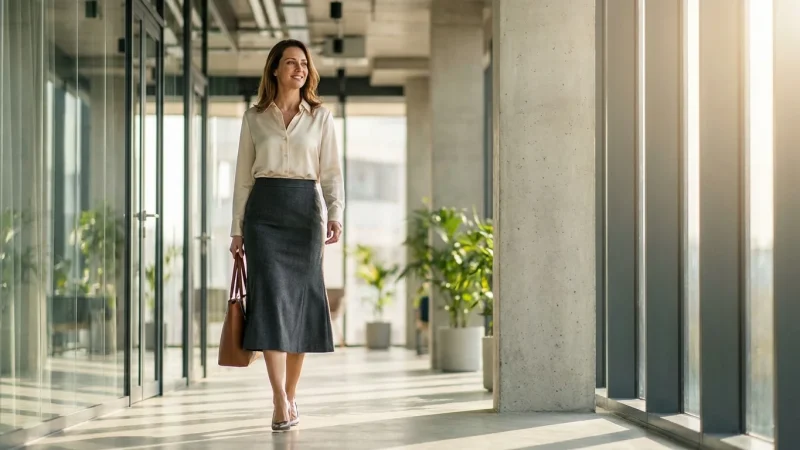 Professional woman wearing a charcoal midi skirt and cream blouse in a bright, modern office.