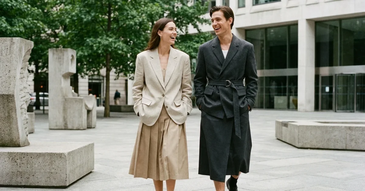 Man and woman in high-end gender-neutral skirts walking in a modern urban setting.