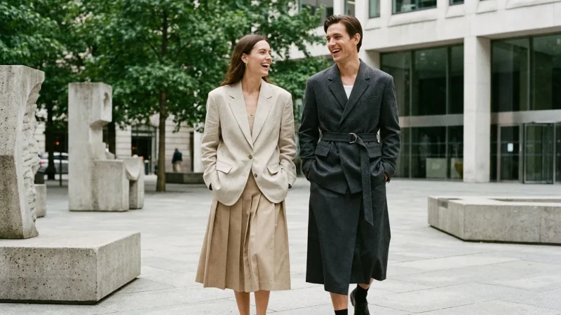 Man and woman in high-end gender-neutral skirts walking in a modern urban setting.