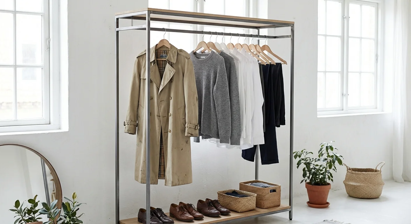 Garderobă organizată care îmbină piese vintage de designer cu haine moderne minimaliste.
