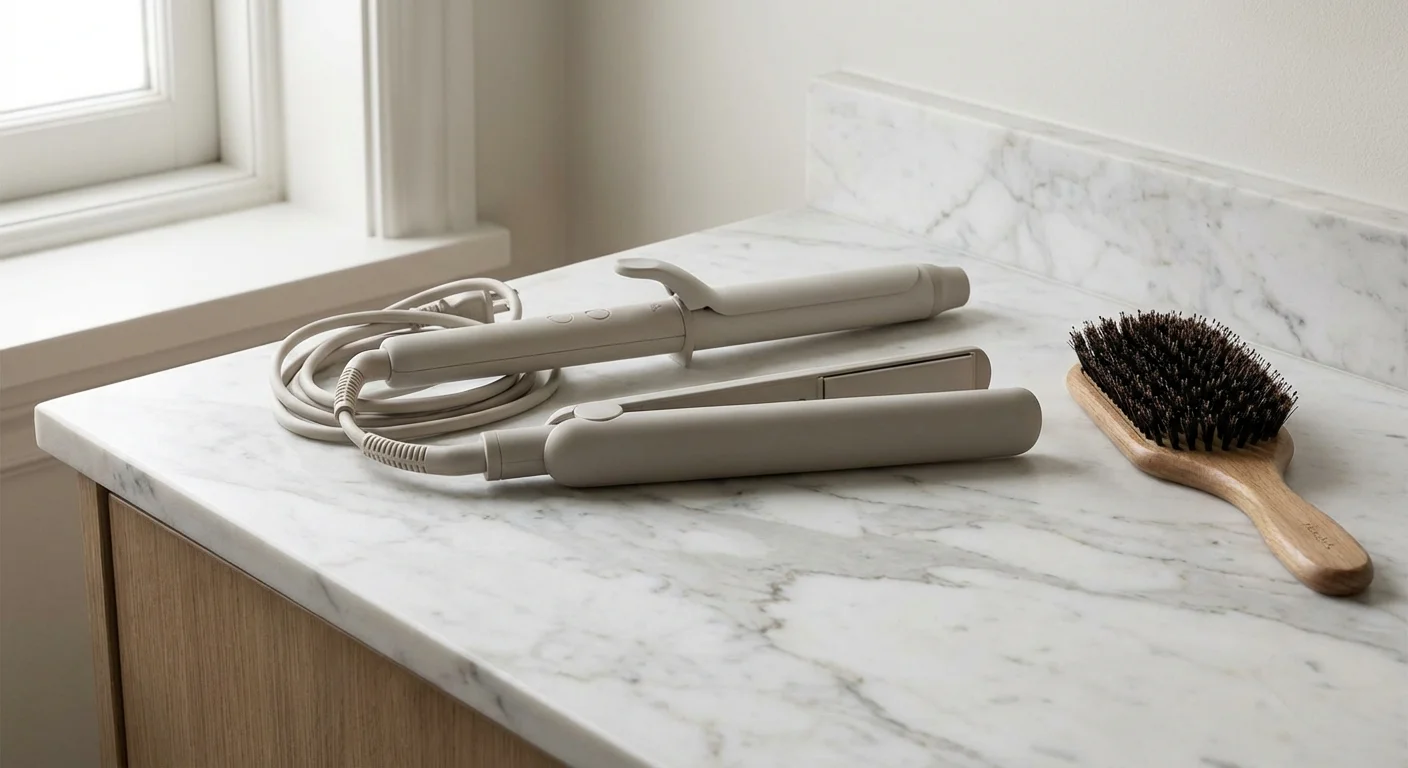 Hair styling tools lying on a marble counter.