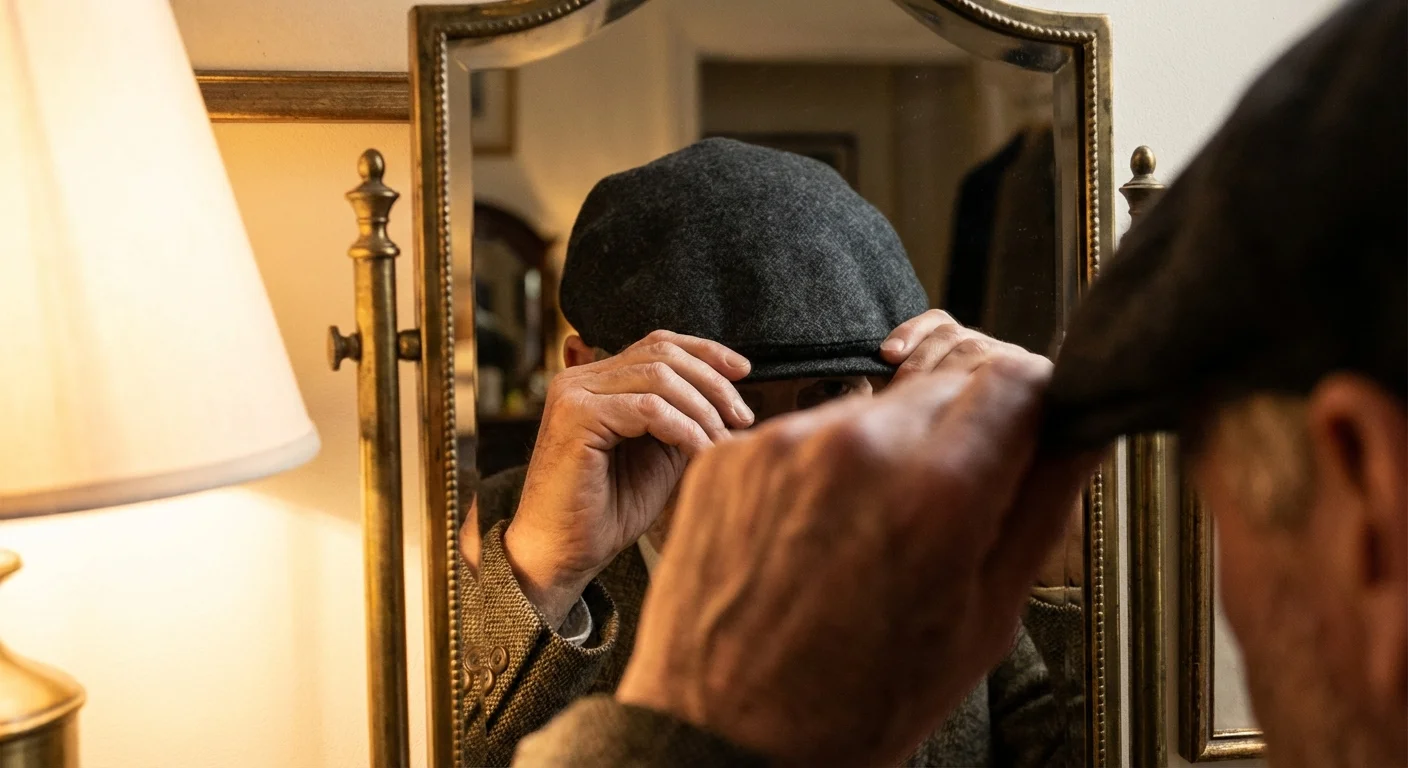 Hands adjusting an Ivy cap in a mirror for a perfect fit.