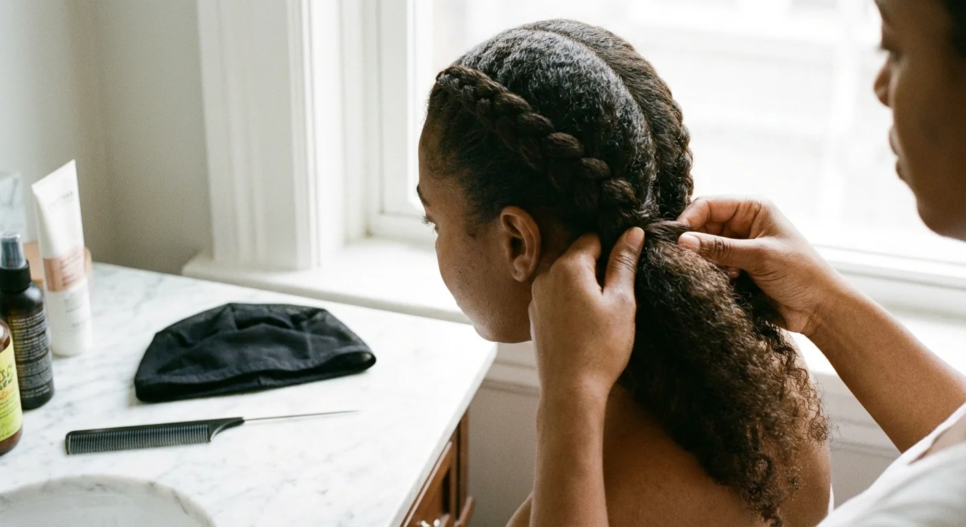 Hands braiding long hair flat for a wig application.
