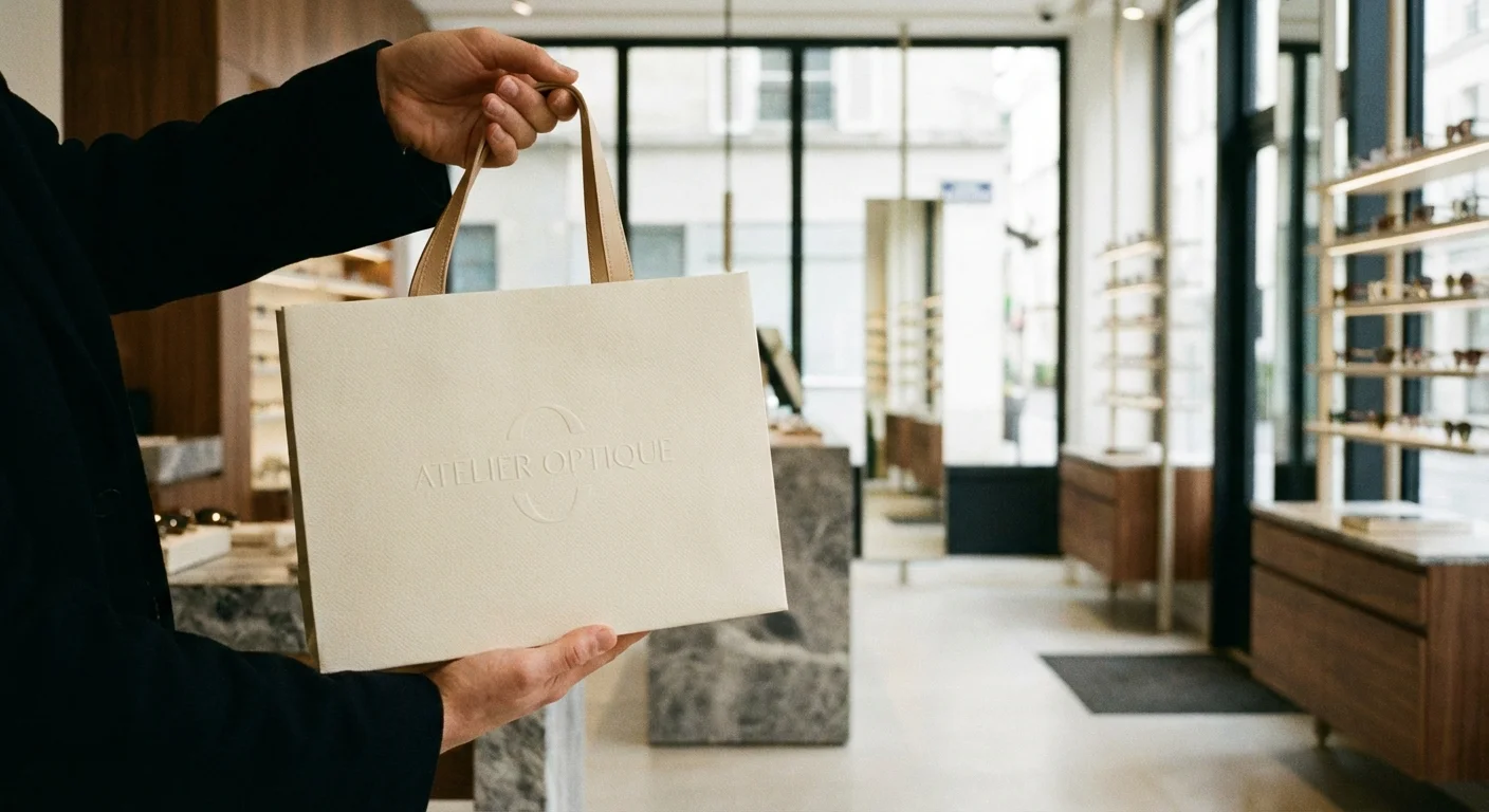 Hands holding a luxury optical boutique shopping bag.