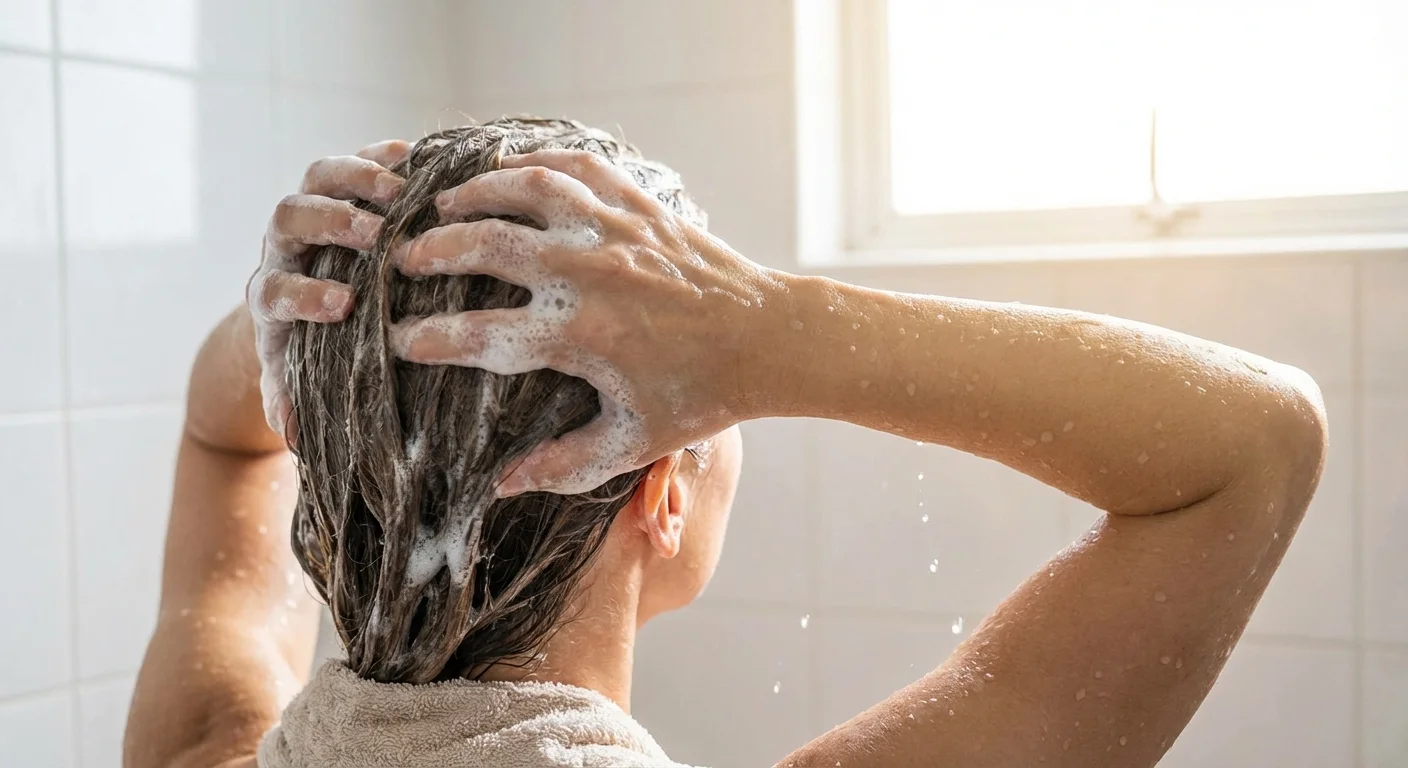 Hands massaging shampoo into the scalp.