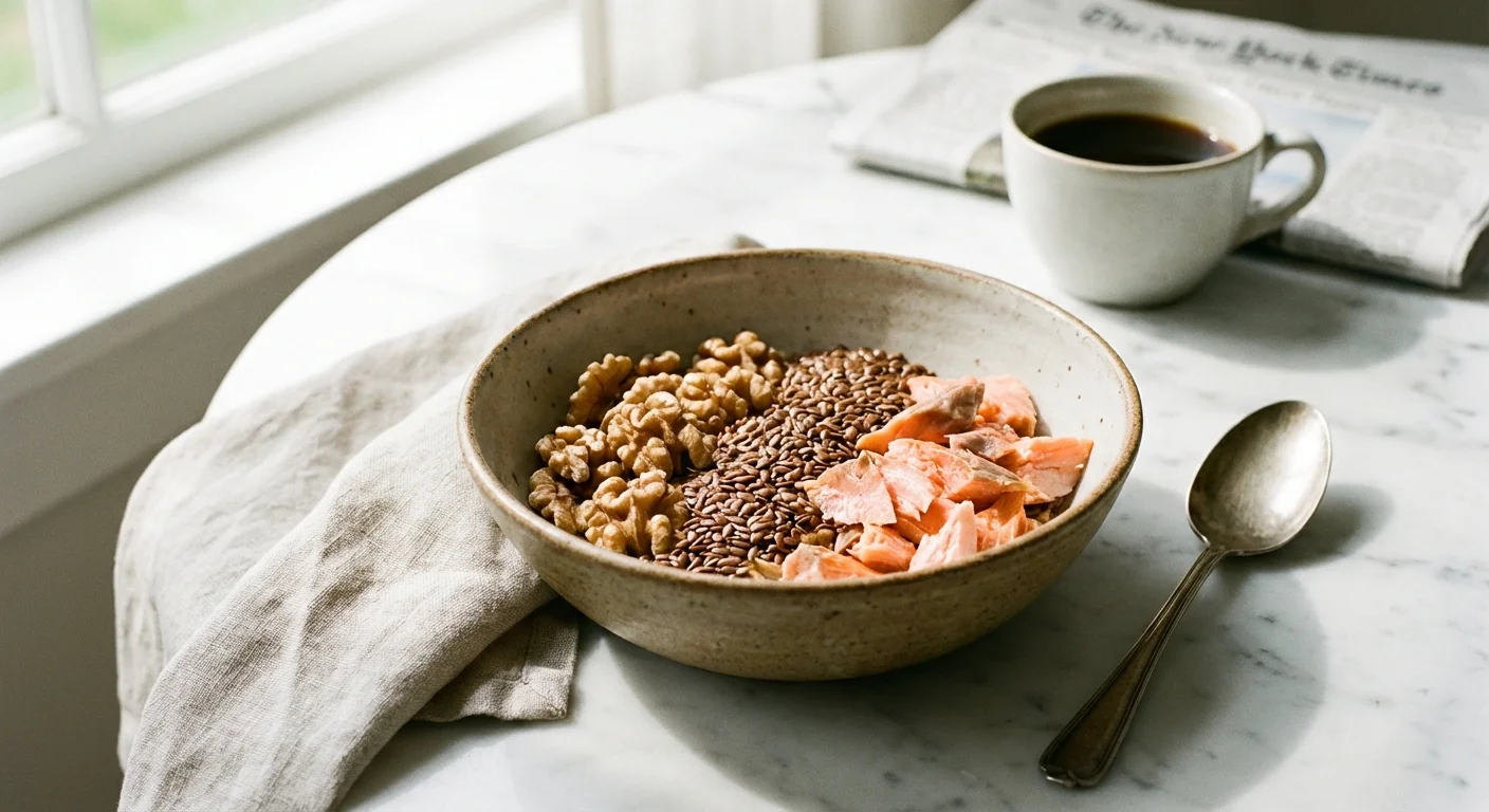 Healthy foods rich in Omega 3 on a marble table.