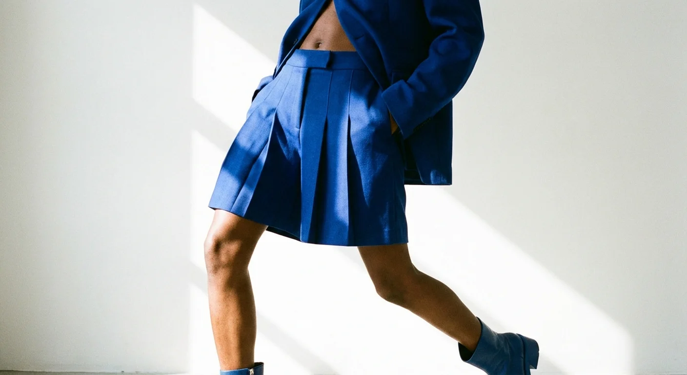 High-fashion pleated royal blue shorts showcasing structured design.