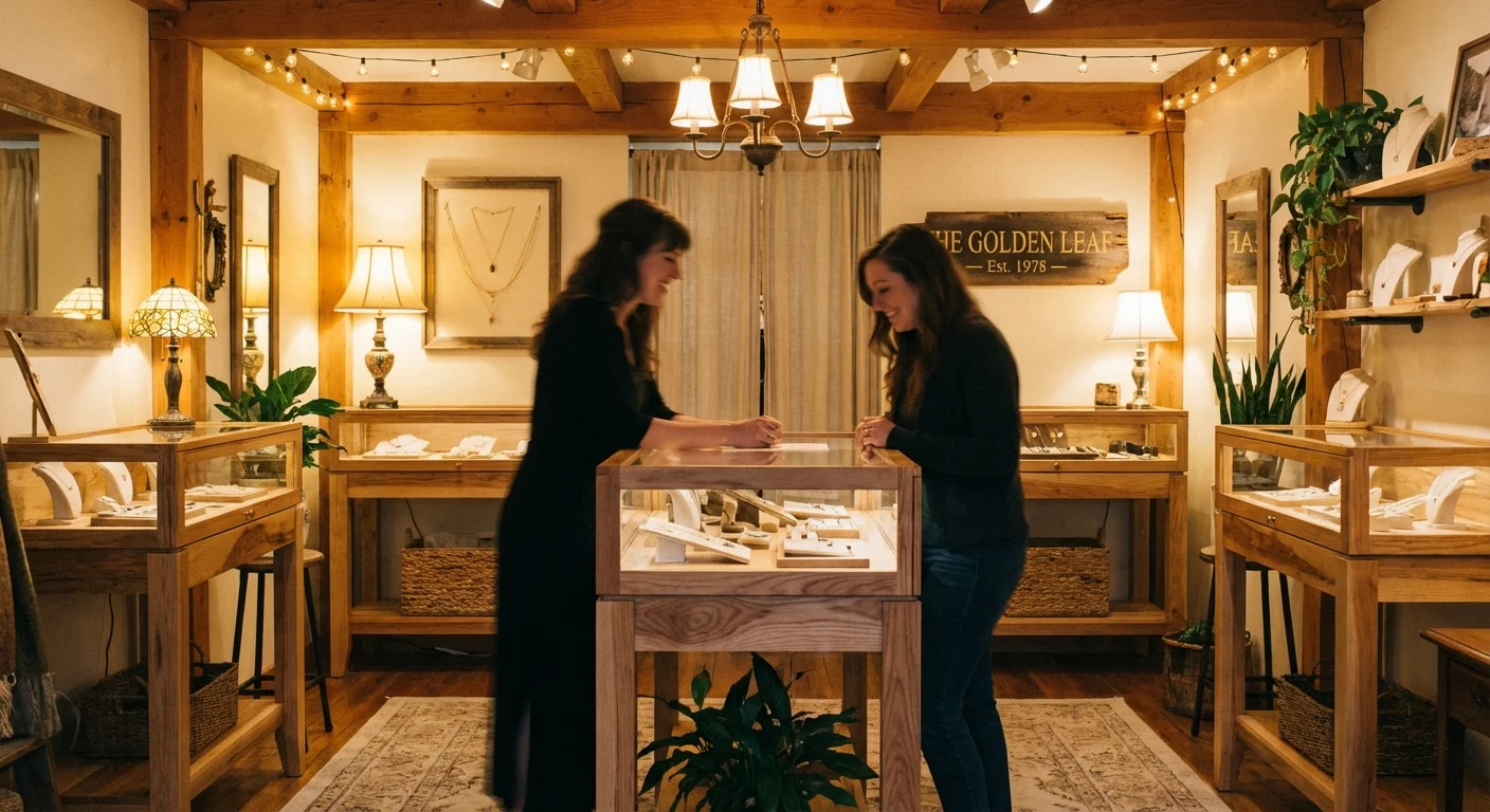 Interiorul unui boutique de bijuterii local, atmosferă caldă și primitoare.
